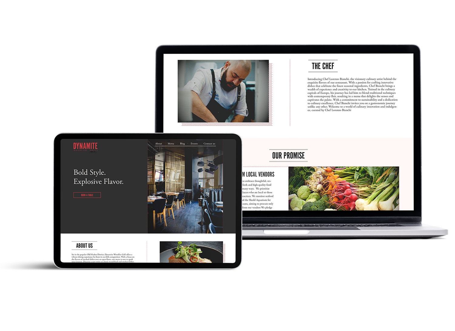 Trendy restaurant website design on table and laptop