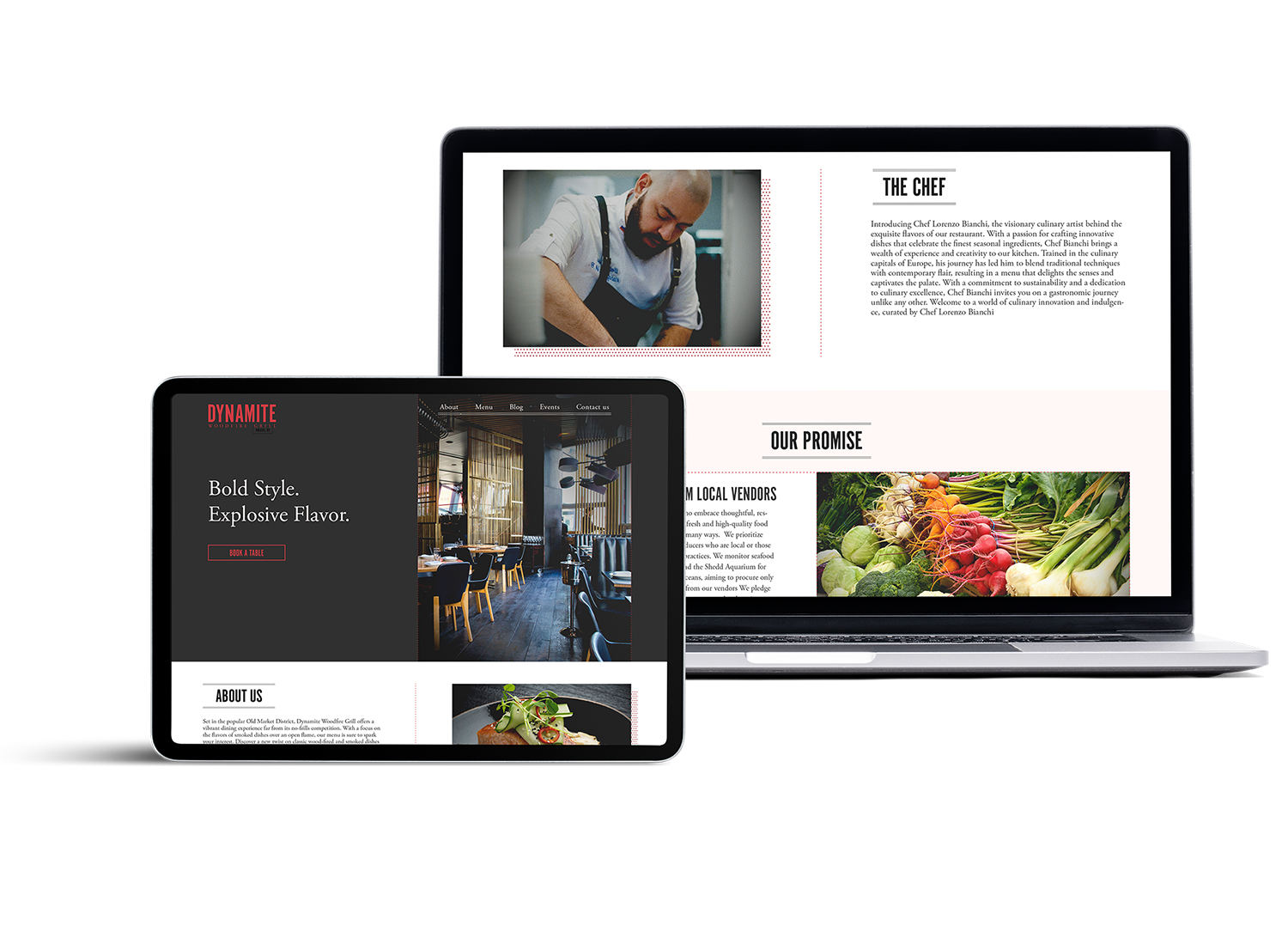 Trendy restaurant website design on table and laptop